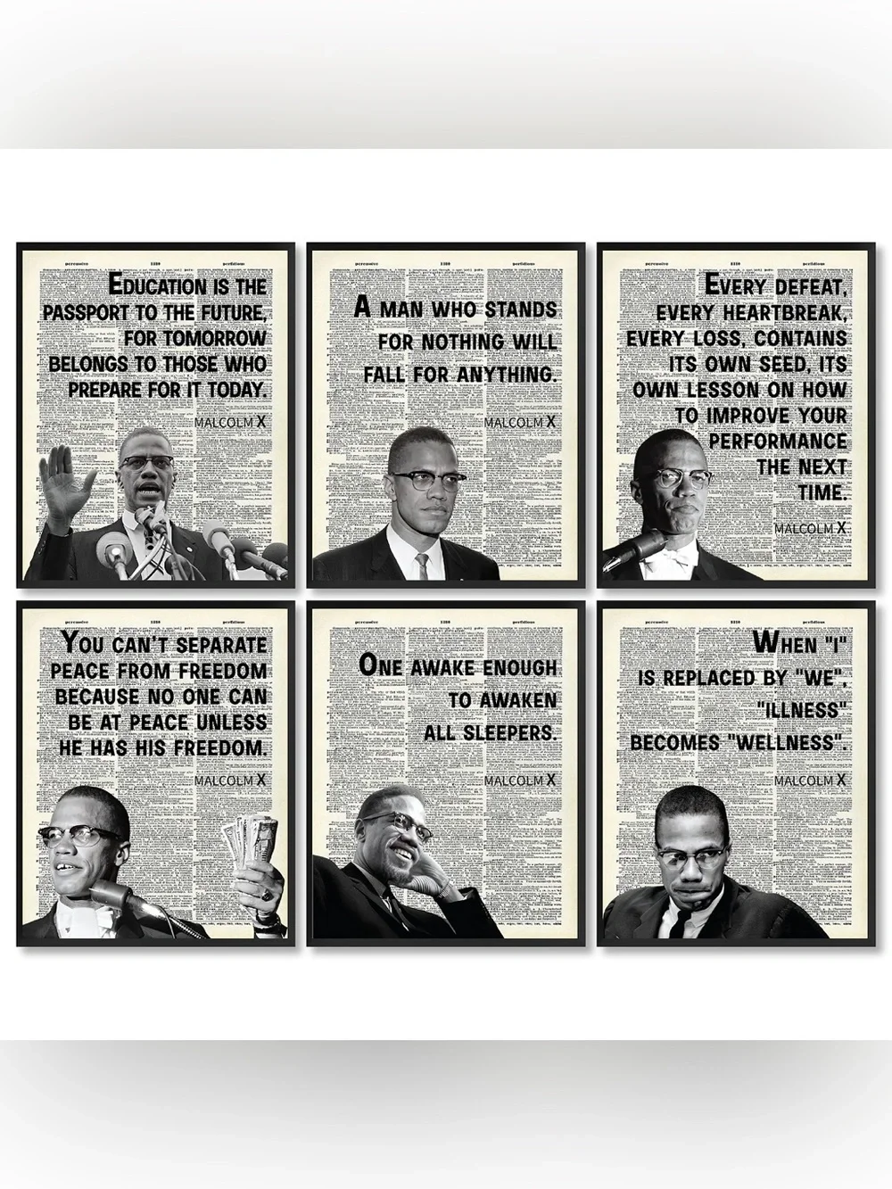 Motivational Malcolm X Wall Art Set -Vintage Newspaper Style